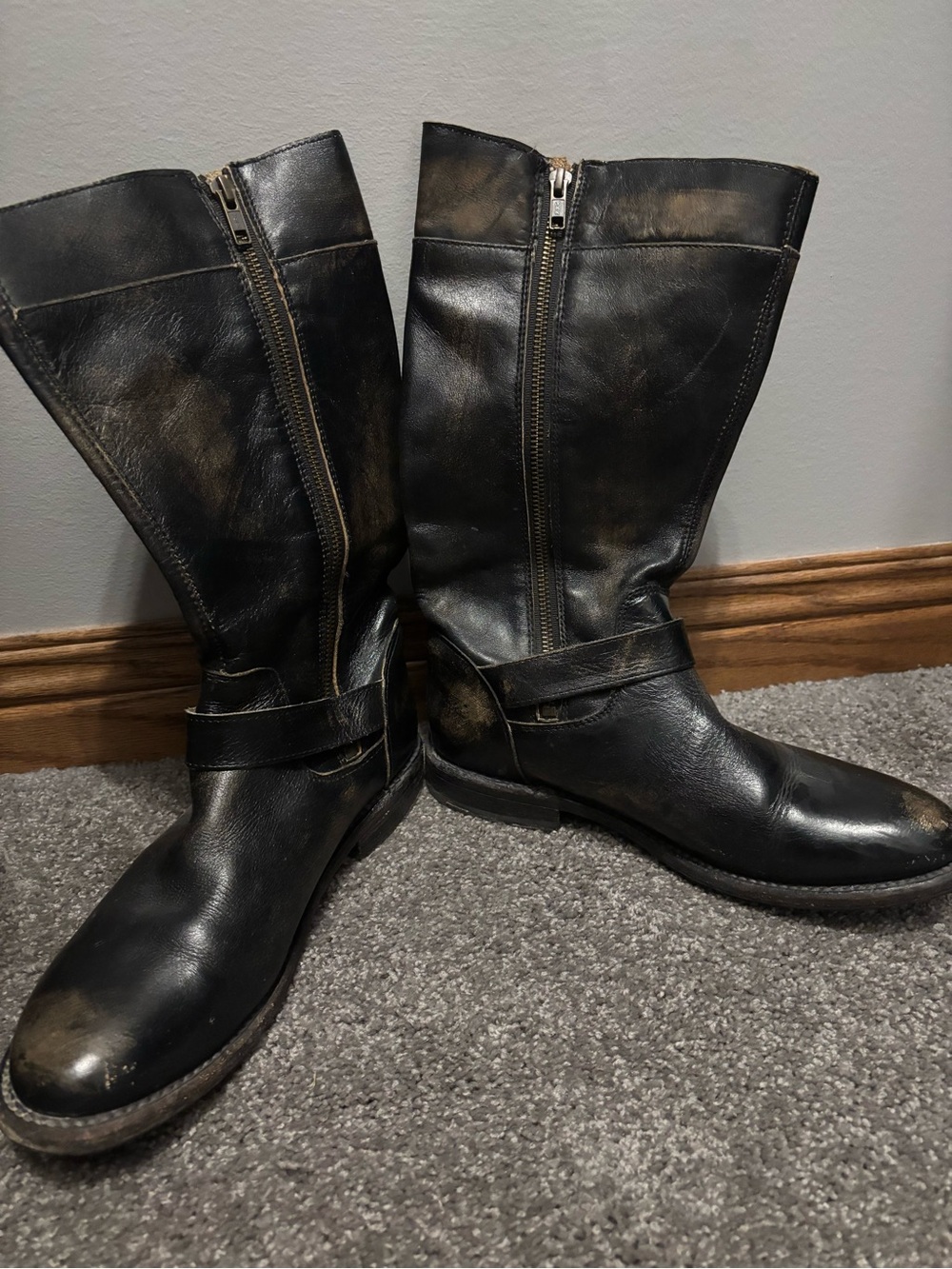 Bed Stu Black Distressed Leather Mid-Calf Moto Boots